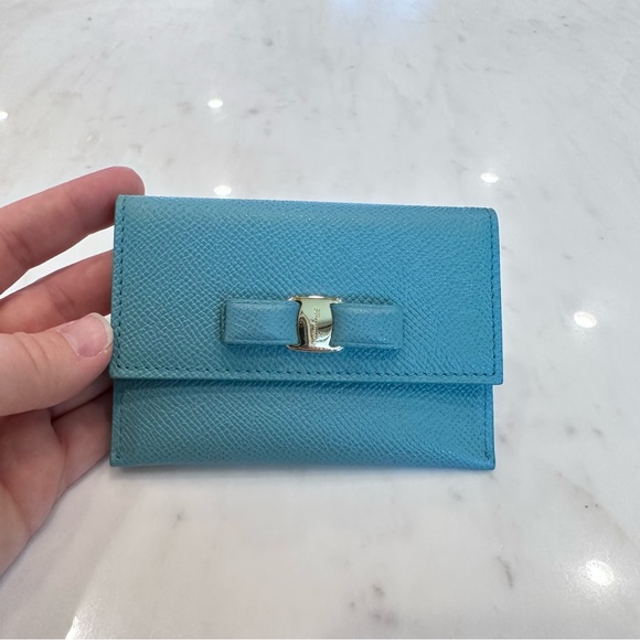 Salvatore Ferragamo Handbags - Salvatore Farragamo Robin's Egg Blue Leather Card Case Wallet with Bow Detail